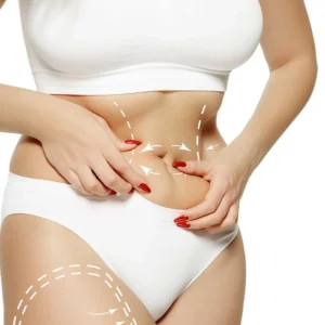 una mujer toca su abdomen en donde será elimanada la grasa con una sesiòn de hidrolipoclasia en Fusagasugá y Girardot